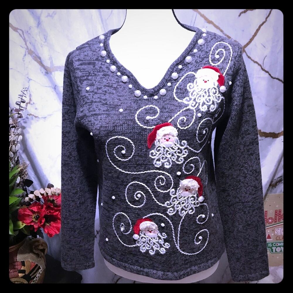 Vtg Heather Gray Womens Santas Ugly Christmas Sweater Pearls size S - Med